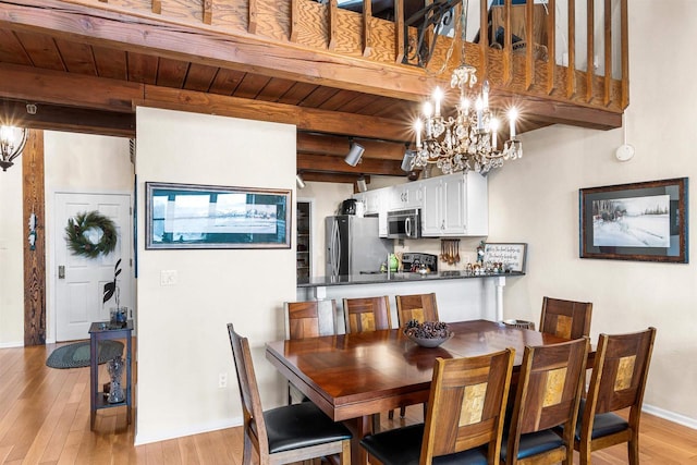 dining space featuring beamed ceiling, light hardwood / wood-style floors, wooden ceiling, and a chandelier