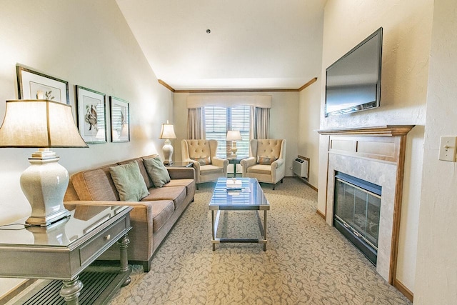 living room featuring light colored carpet and crown molding