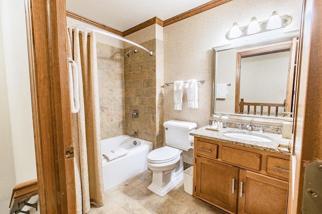 full bathroom featuring crown molding, shower / tub combo with curtain, vanity, and toilet