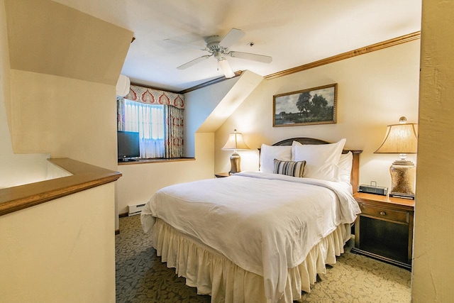 carpeted bedroom featuring a baseboard radiator, ceiling fan, and ornamental molding