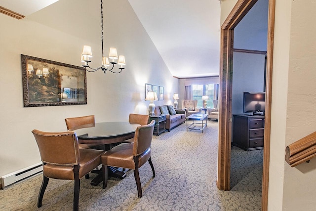 dining space featuring a notable chandelier, carpet floors, vaulted ceiling, and a baseboard heating unit