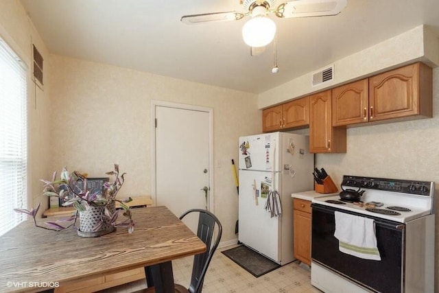 kitchen with ceiling fan, a healthy amount of sunlight, and white appliances