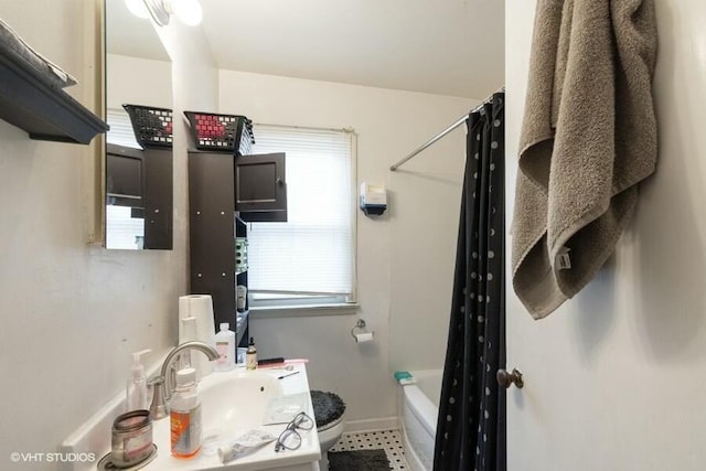 full bathroom featuring vanity, toilet, and shower / bathtub combination with curtain