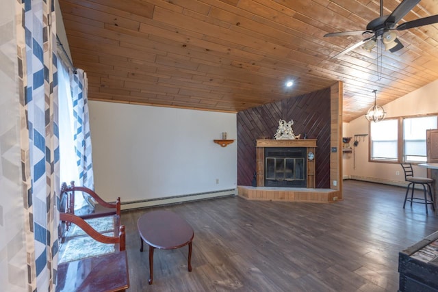 interior space with dark hardwood / wood-style flooring, a baseboard heating unit, lofted ceiling, wood ceiling, and ceiling fan with notable chandelier