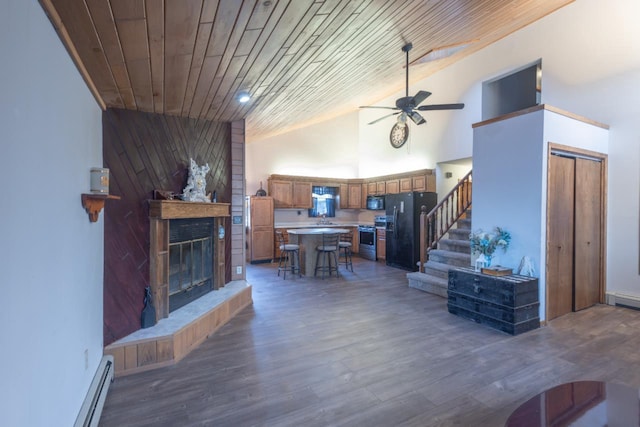 living room featuring wooden ceiling, high vaulted ceiling, ceiling fan, a fireplace, and dark hardwood / wood-style flooring