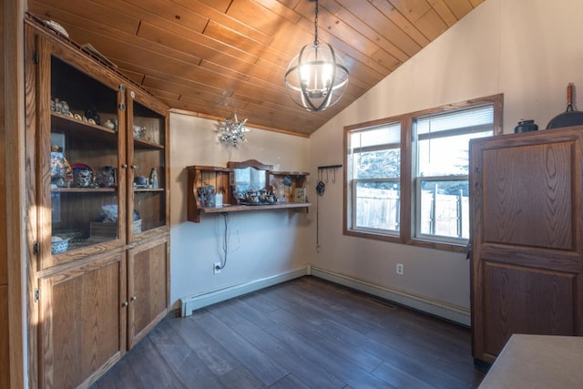 unfurnished dining area featuring dark hardwood / wood-style flooring, wooden ceiling, lofted ceiling, and a notable chandelier