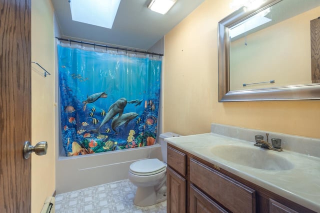 full bathroom with a skylight, shower / bath combo, a baseboard heating unit, toilet, and vanity