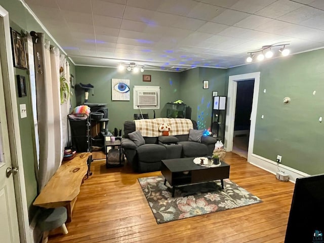 living room featuring light wood-type flooring and a wall unit AC