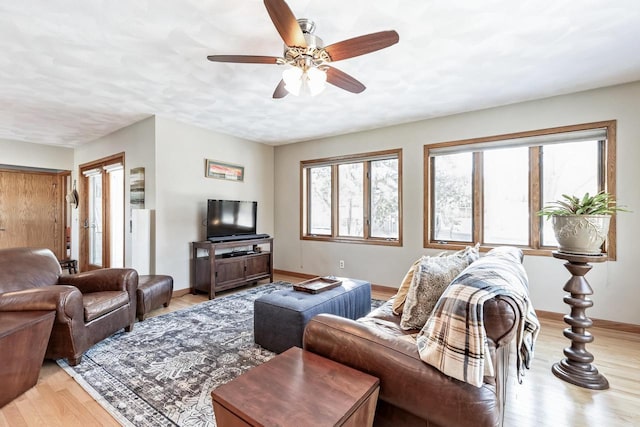 living room featuring ceiling fan and light wood-type flooring