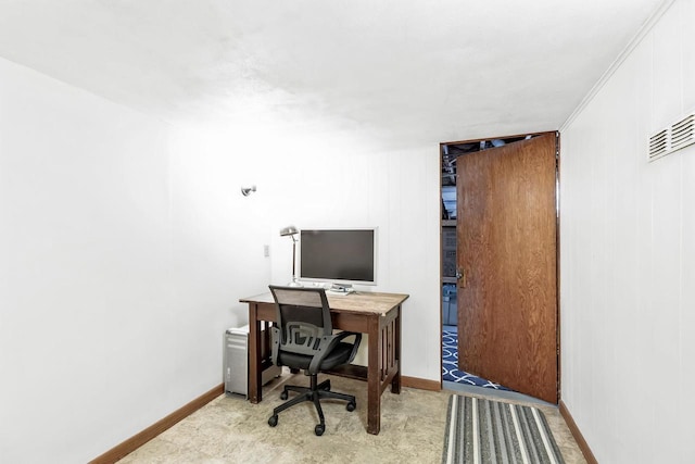 office featuring crown molding and light carpet