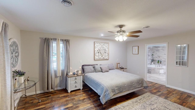 bedroom featuring connected bathroom, ceiling fan, and dark hardwood / wood-style floors