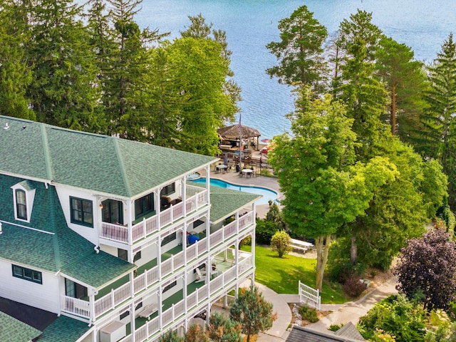 birds eye view of property featuring a water view