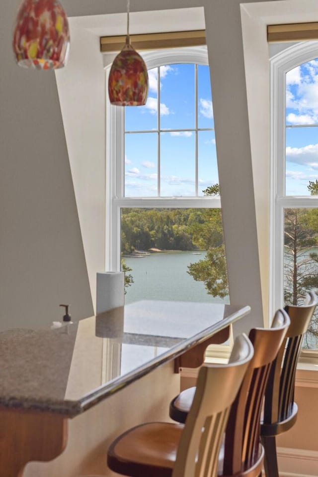 dining area with a water view