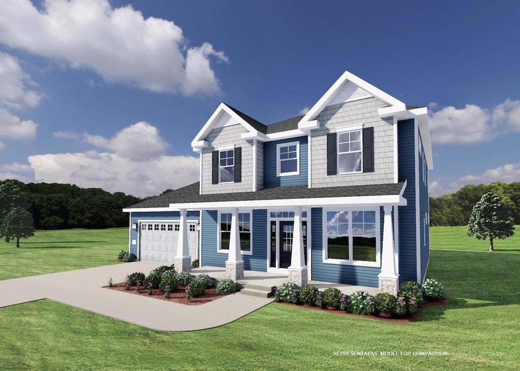 view of front facade featuring a porch, a garage, and a front lawn