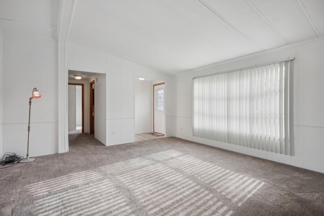 spare room with carpet floors and vaulted ceiling