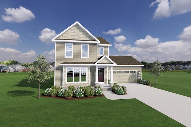 craftsman-style house with a garage and a front lawn