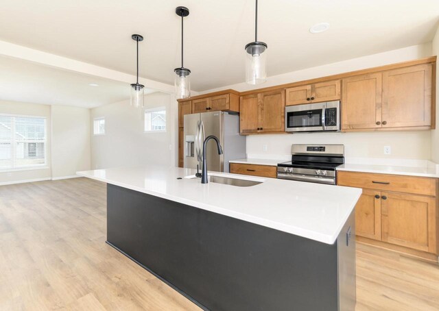 6407 Prairie Wood Dr, Mcfarland, WI 53558 - kitchen featuring stainless steel appliances, a sink, light wood-style floors, and hanging light fixtures