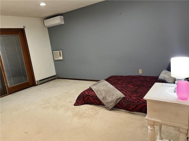 carpeted bedroom with a baseboard radiator and a wall unit AC