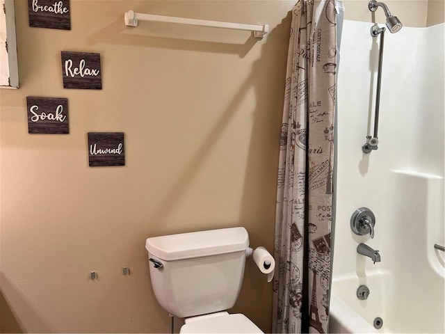 bathroom featuring toilet and shower / bathtub combination with curtain