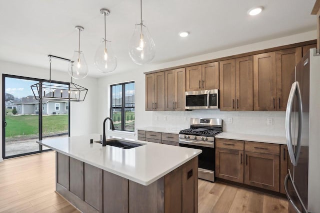 kitchen with appliances with stainless steel finishes, a healthy amount of sunlight, sink, hanging light fixtures, and an island with sink