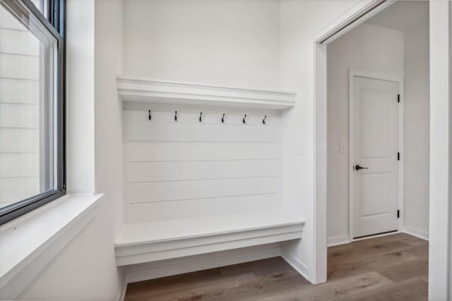 mudroom with plenty of natural light and light hardwood / wood-style floors