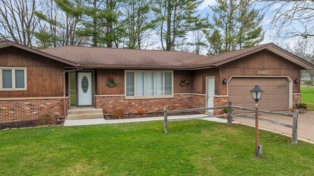 single story home with a garage and a front yard