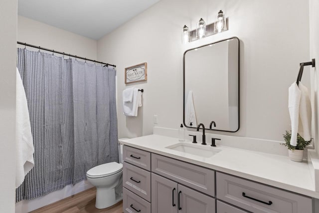 bathroom with vanity, hardwood / wood-style flooring, toilet, and curtained shower