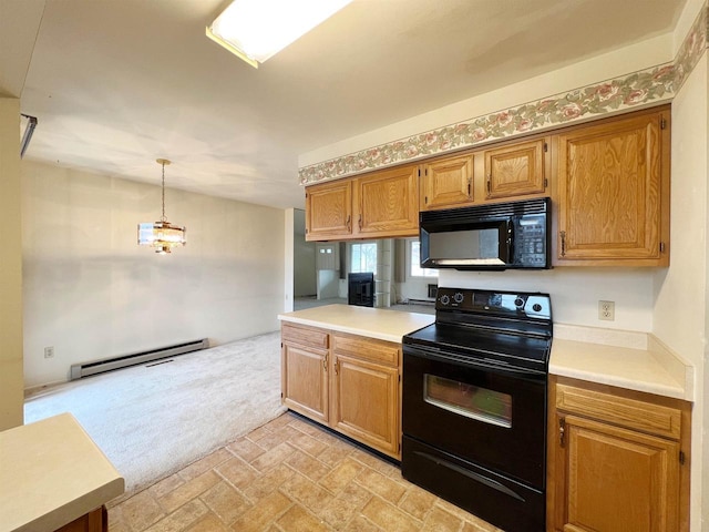 kitchen with baseboard heating, light carpet, black appliances, and decorative light fixtures