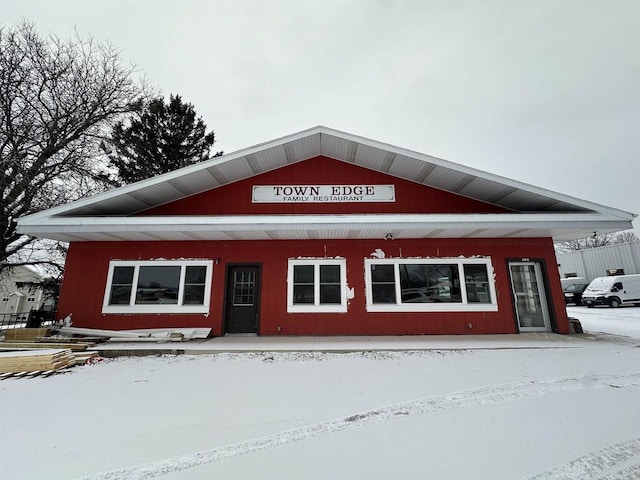 view of snow covered building