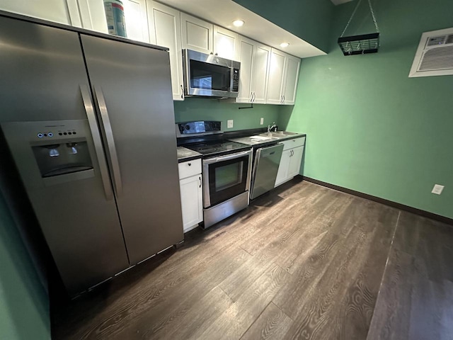 kitchen featuring sink, dark hardwood / wood-style flooring, white cabinetry, and stainless steel appliances