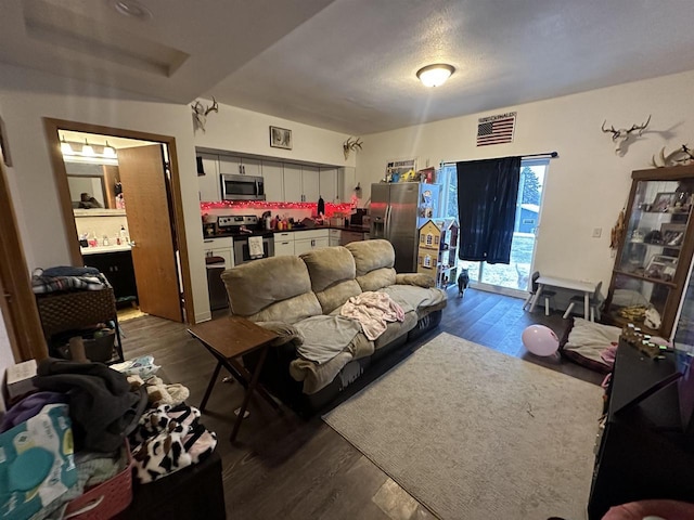 living room featuring dark wood-type flooring and a textured ceiling