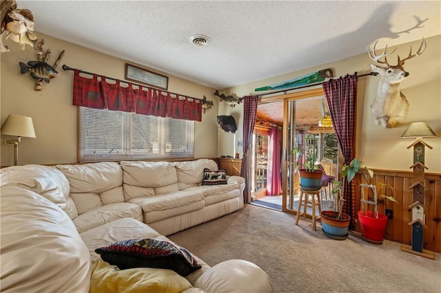 carpeted living room with a textured ceiling, a wealth of natural light, and wooden walls