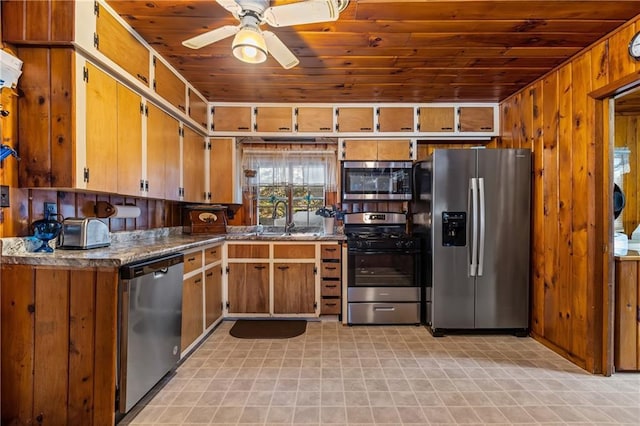 kitchen featuring ceiling fan, sink, wooden ceiling, and appliances with stainless steel finishes