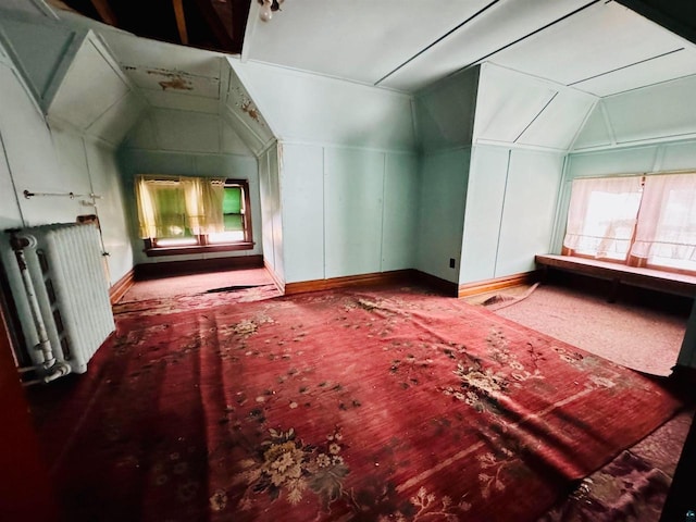 additional living space featuring radiator, carpet floors, and vaulted ceiling