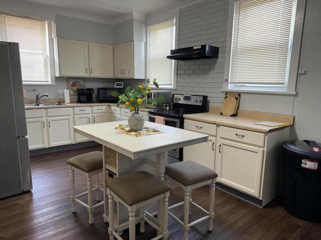 kitchen featuring exhaust hood, a kitchen breakfast bar, sink, white cabinetry, and stainless steel appliances