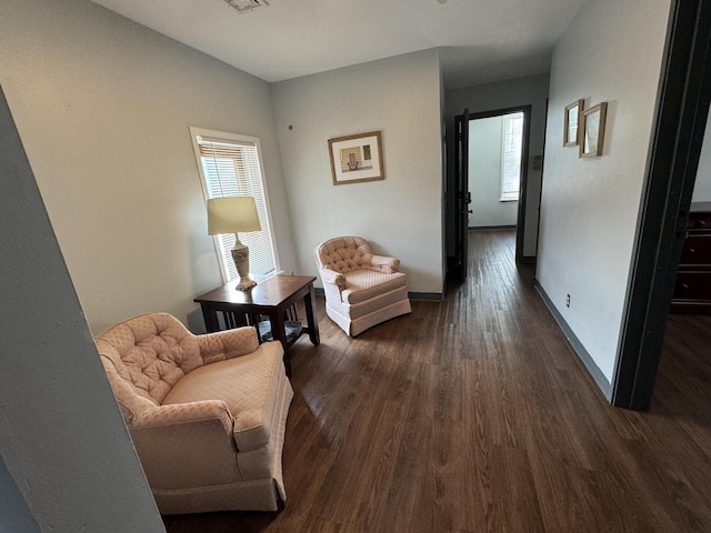 living area featuring dark wood-type flooring