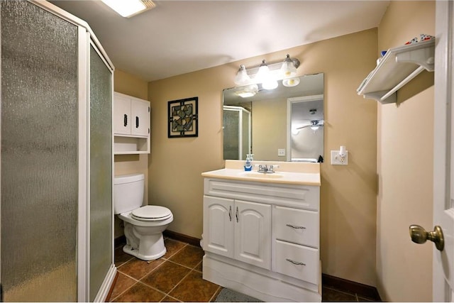 bathroom featuring ceiling fan, walk in shower, tile patterned flooring, toilet, and vanity