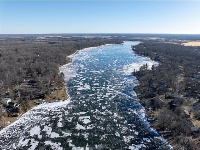 aerial view featuring a water view