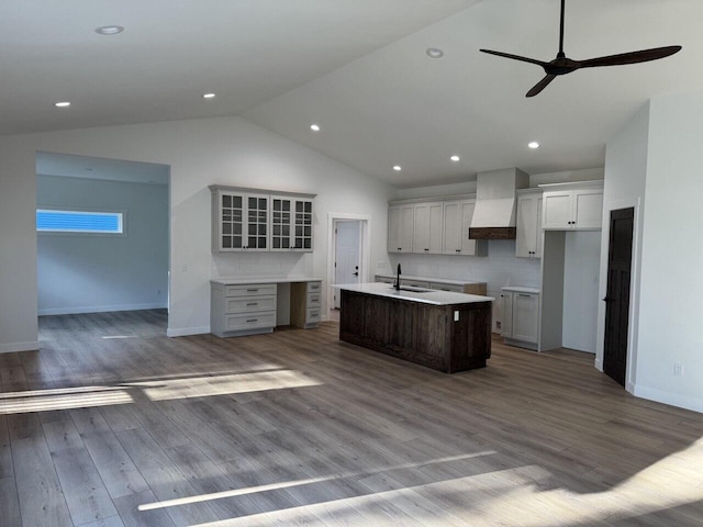 kitchen with premium range hood, decorative backsplash, a kitchen island with sink, and wood-type flooring