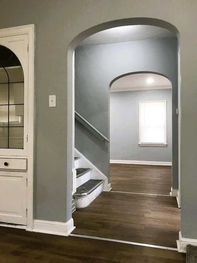 stairway with hardwood / wood-style flooring