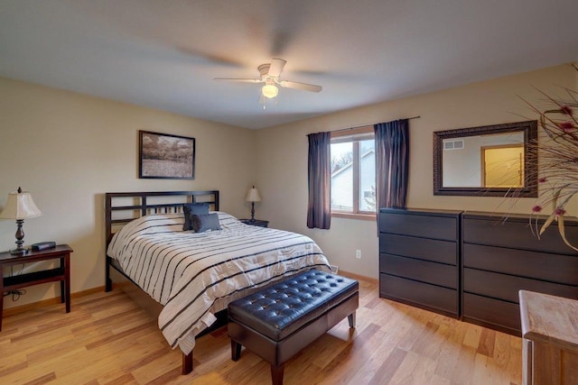 bedroom featuring ceiling fan and light hardwood / wood-style flooring