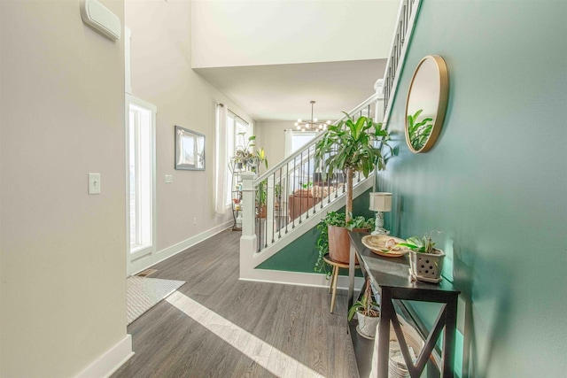 entryway featuring a chandelier and dark hardwood / wood-style floors