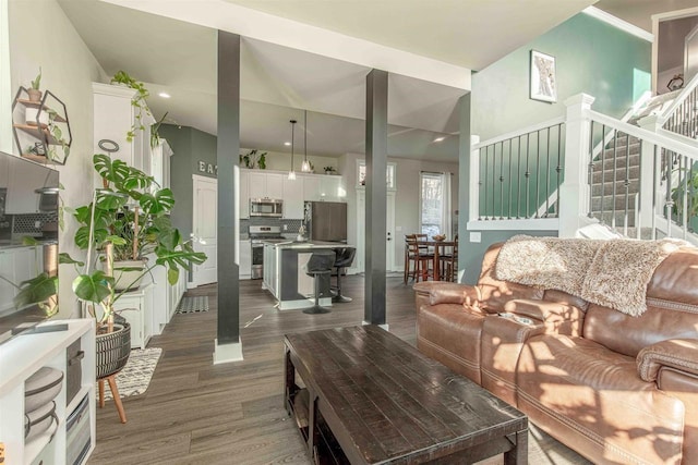 living room with dark hardwood / wood-style floors