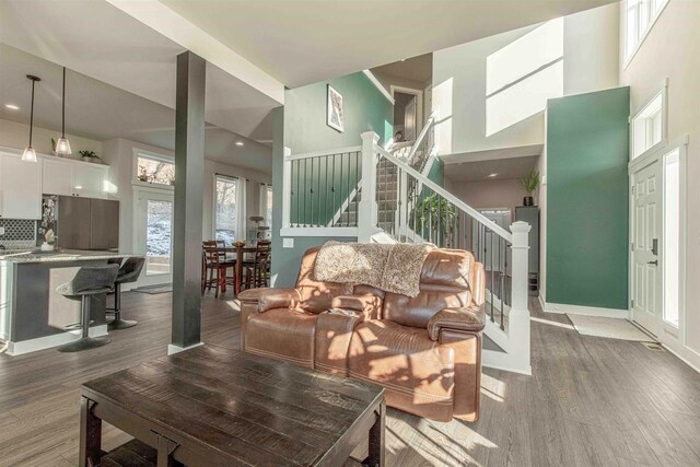 living room with a high ceiling and dark wood-type flooring