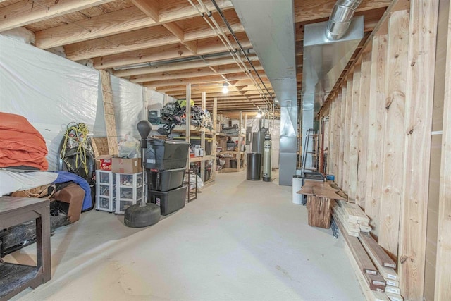 basement featuring wood walls