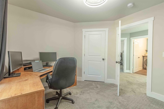 home office with light colored carpet