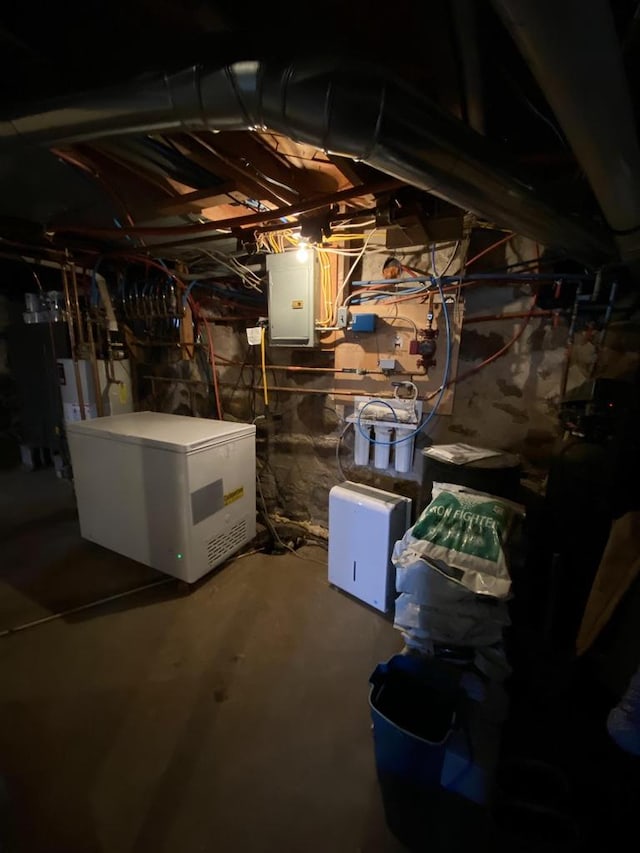 utility room with electric panel and water heater