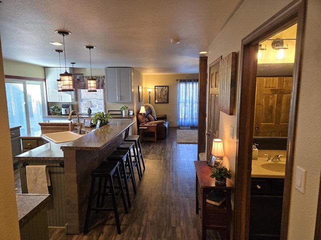 kitchen with pendant lighting, a breakfast bar, a healthy amount of sunlight, and sink