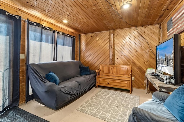 interior space with wooden ceiling and wood walls