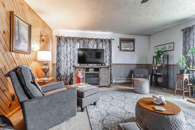 living room with carpet flooring, a wall mounted AC, wooden walls, and a baseboard heating unit